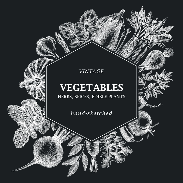 Hand-sketched Vegetable frame design on chalkboard. Hand-drawn tomatoes, squashes, peppers, potatoes, asparagus and other vegetables card. Healthy food template for menu, recipe, restaurant, packaging